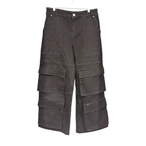 Hours Black Denim‎ Cargo Pants Wide Leg Cropped Multi Pocket Goth Punk Y2K